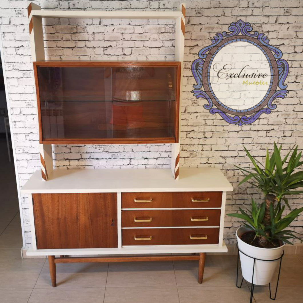Vitrina Mid Century Blanco y madera